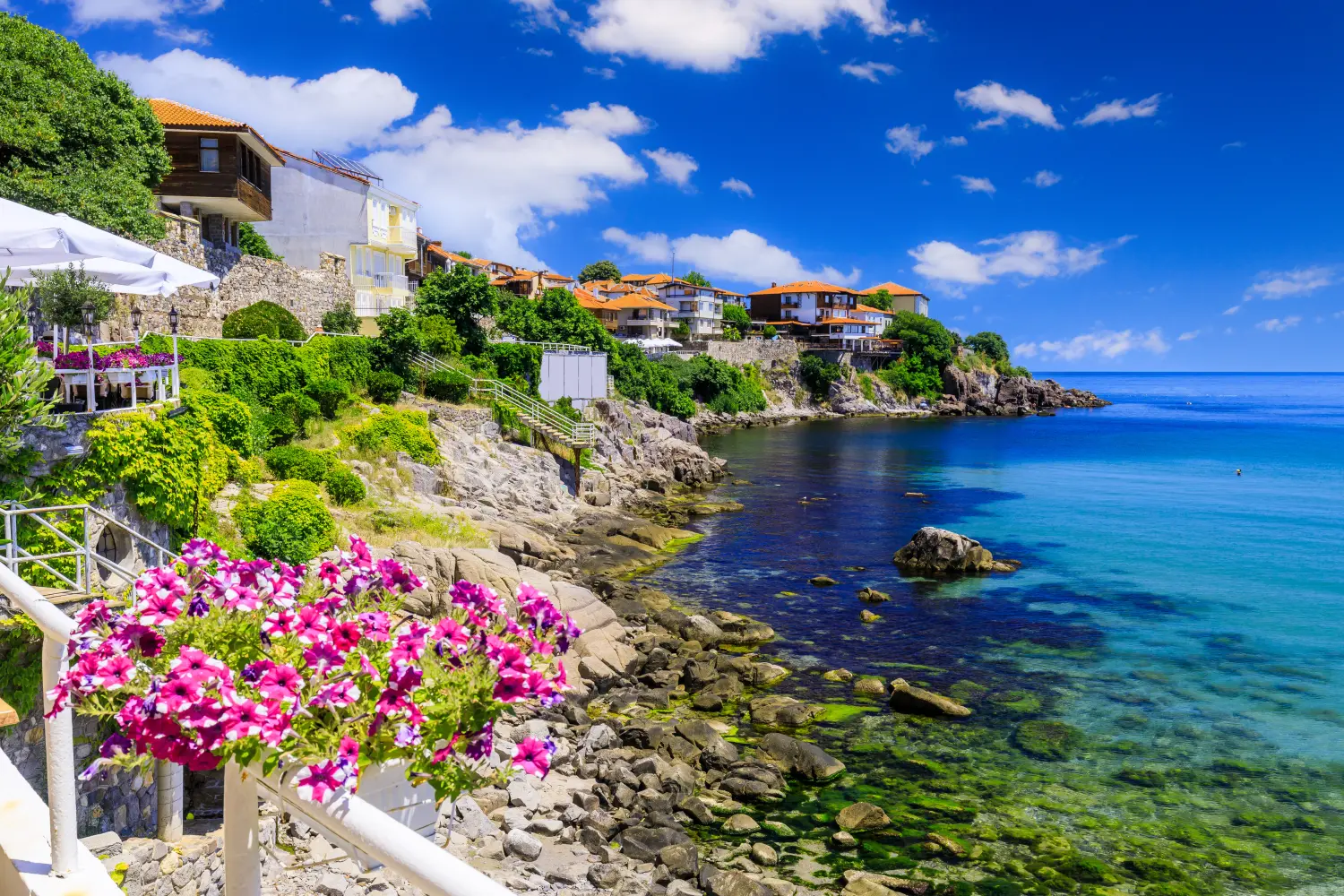 Sozopol, Bulgarien. Bucht der antiken Küstenstadt. Schwarzmeerküste, Provinz Burgas.